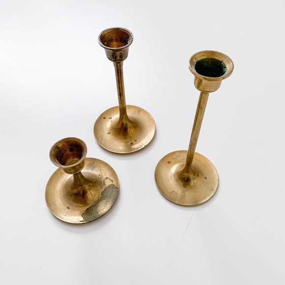 Vintage MCM Brass Gold Candlesticks (Set of 3)